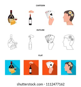 Bottle, a glass of wine and cheese, clogging with a corkscrew and other web icon in cartoon,outline,flat style. A combination of cards in hand, a person's head and an idea generator icons in set