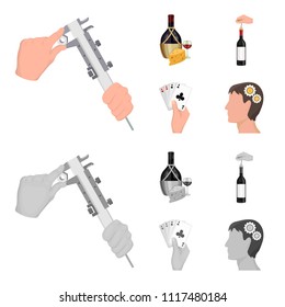 Bottle, a glass of wine and cheese, clogging with a corkscrew and other web icon in cartoon,monochrome style. A combination of cards in hand, a person head and an idea generator icons in set