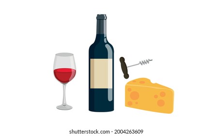 Bottle, glass of wine cheese and Corkscrew set. Stock vector