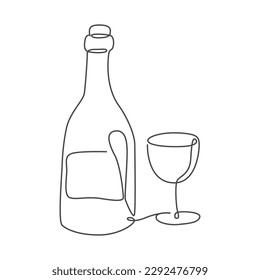 bottle and glass of wine continuous line drawing, hand drawn style drink illustration.