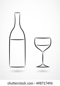 Bottle and glass of wine contour drawing 