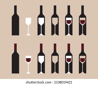 Flasche und Glas Wein in verschiedenen Variationen
