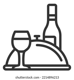 A bottle, a glass of wine and dinner under a hood - icon, illustration on white background, outline style