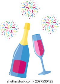 Bottle and glass of wine with fireworks vector illustration isolated on white background