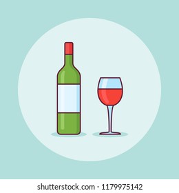 Bottle and glass of wine flat line icon. Vector illustration.