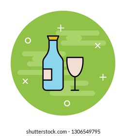 Bottle and glass of wine flat line icon
