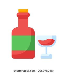 Bottle and glass of wine flat style icon. Alcohol drink shape elements. Vector illustration for graphic design, website, app. EPS 10
