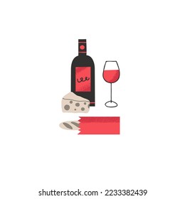 A bottle and a glass of wine. French baguette, cheese and wine degustation vector illustration in minimalistic hand drawn style. Parisian vibe and aesthetic