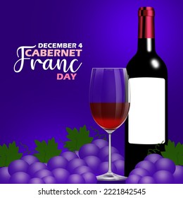 A bottle with a glass of wine and grapes commonly called
Fresh Cabernet Franc with bold text on dark blue background to celebrate Cabernet Franc Day on December 4