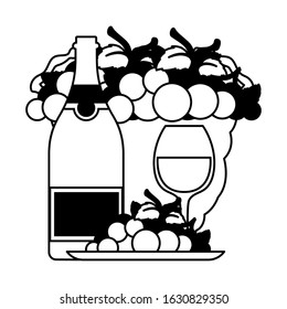 bottle and glass of wine with grapes vector illustration design