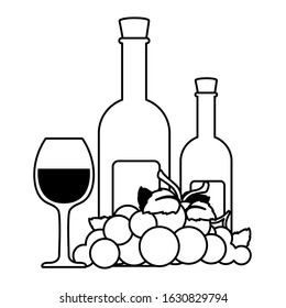 bottle and glass of wine with grapes vector illustration design