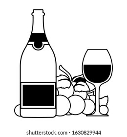 bottle and glass of wine with grapes vector illustration design