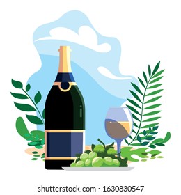 bottle and glass of wine with grapes vector illustration design