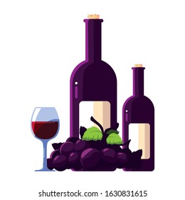 bottle and glass of wine with grapes vector illustration design