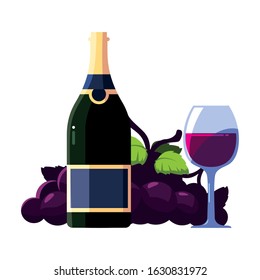 bottle and glass of wine with grapes vector illustration design