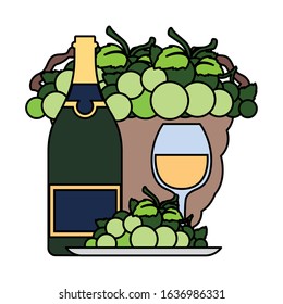 bottle and glass of wine with grapes in wicker basket vector illustration design