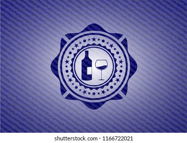 bottle and glass of wine icon with denim texture