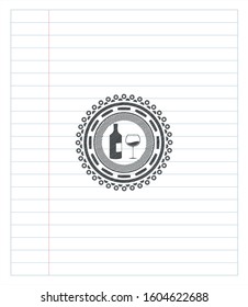 bottle and glass of wine icon emblem draw with pencil effect. Vector Illustration. Detailed.