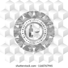 bottle and glass of wine icon inside retro style grey emblem with geometric cube white background