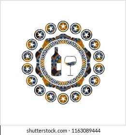 bottle and glass of wine icon inside arabic style emblem. Arabesque decoration.
