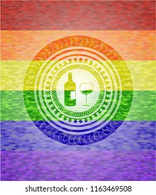 bottle and glass of wine icon inside lgbt colors emblem 