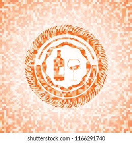 bottle and glass of wine icon inside orange tile background illustration. Square geometric mosaic seamless pattern with emblem inside.