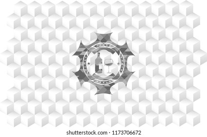 bottle and glass of wine icon inside grey emblem. Retro with geometric cube white background