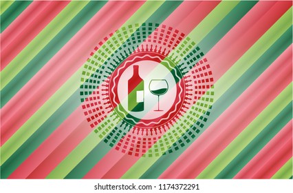 bottle and glass of wine icon inside christmas colors style badge.