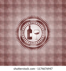 bottle and glass of wine icon inside red polygonal badge. Seamless.
