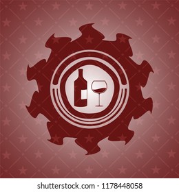 bottle and glass of wine icon inside retro red emblem