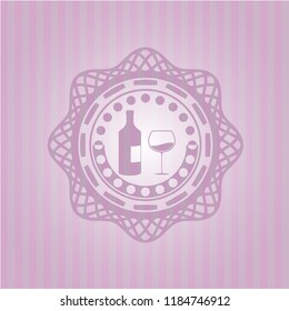 bottle and glass of wine icon inside pink emblem