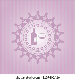 bottle and glass of wine icon inside pink emblem. Retro