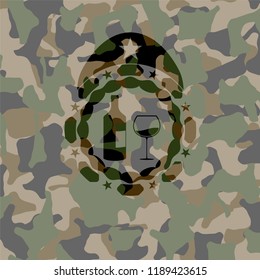 bottle and glass of wine icon inside camouflaged emblem