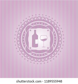 bottle and glass of wine icon inside pink icon or emblem