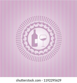 bottle and glass of wine icon inside badge with pink background