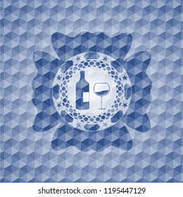 bottle and glass of wine icon inside blue emblem with geometric pattern.