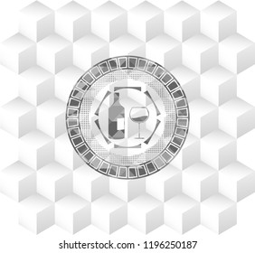 bottle and glass of wine icon inside retro style grey emblem with geometric cube white background