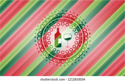 bottle and glass of wine icon inside christmas badge.