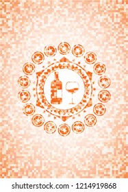 bottle and glass of wine icon inside abstract orange mosaic emblem