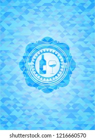 bottle and glass of wine icon inside realistic light blue mosaic emblem