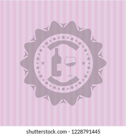 bottle and glass of wine icon inside vintage pink emblem