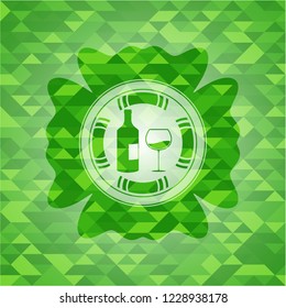 bottle and glass of wine icon inside green emblem with mosaic ecological style background