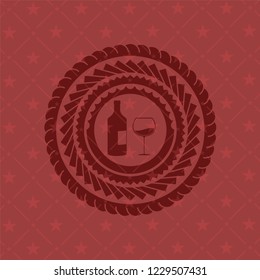 bottle and glass of wine icon inside red emblem. Retro