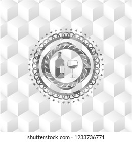 bottle and glass of wine icon inside grey emblem. Retro with geometric cube white background