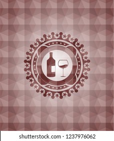 bottle and glass of wine icon inside red seamless emblem with geometric background.