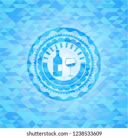 bottle and glass of wine icon inside realistic sky blue emblem. Mosaic background