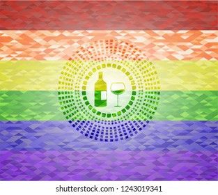 bottle and glass of wine icon inside emblem on mosaic background with the colors of the LGBT flag