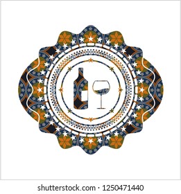 bottle and glass of wine icon inside arabesque badge background. arabic decoration.