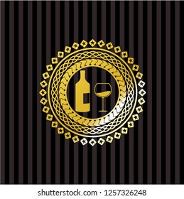 bottle and glass of wine icon inside shiny emblem