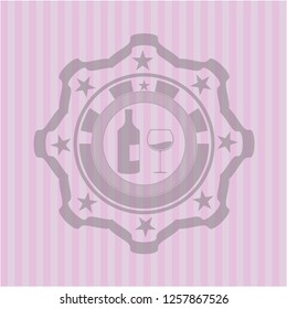 bottle and glass of wine icon inside pink emblem. Vintage.